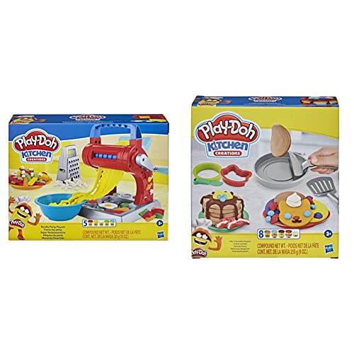 Image of Play-Doh Kitchen Creations Noodle Party Playset for Children Aged 3 and Up with 5 Non-Toxic Colours & Kitchen Creations Flip 'n Pancakes Playset 14-Piece Breakfast Toy