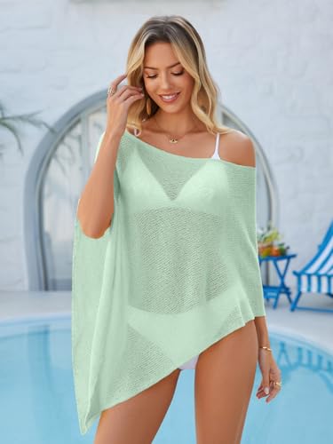 Image of UNCLECAT Women Mesh Knit Crochet Cover Up Spring Summer Sheer Poncho Tops Beachwear Vacation Outfits