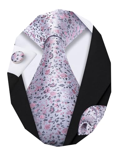 Image of Barry.Wang Flower Ties for Men Handkerchief Cufflinks Set Wedding Necktie Set Party