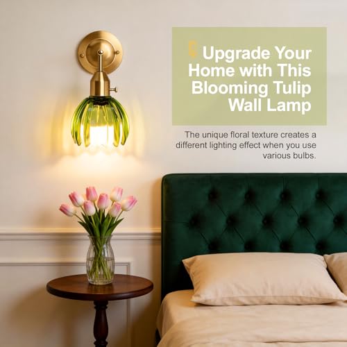 Image of Vintage Wall Sconces Set of 2 with Green Tulip Glass Lampshade, Hardwired and Wireless Wall Mounted Light Fixtures (2 Usage Methods), Gold Lamp with Switch for Bedside Bedroom Living Room Wall Decor