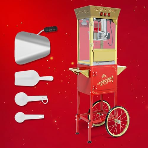 Image of Montary 12 Oz Commercial Popcorn Machine with Cart,Vintage Style Popcorn maker Equipped with Popcorn Scoops, Heated Deck & Storage for Home Movie House and Carnival,Red
