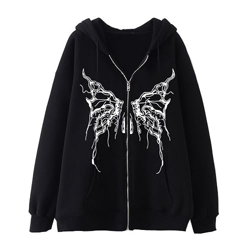 Aobiono Women Men Y2K Zip Up Hoodie Oversized Skeleton Butterfly Gothic Graphic Emo Grunge Fleece Jacket Alt Baggy Vintage
