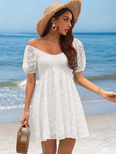 Image of Womens Babydoll Dress 2026 Summer Casual Puff Sleeve V Neck Cute Boho Smocked Flowy Short Sundress Beach Mini Dresses