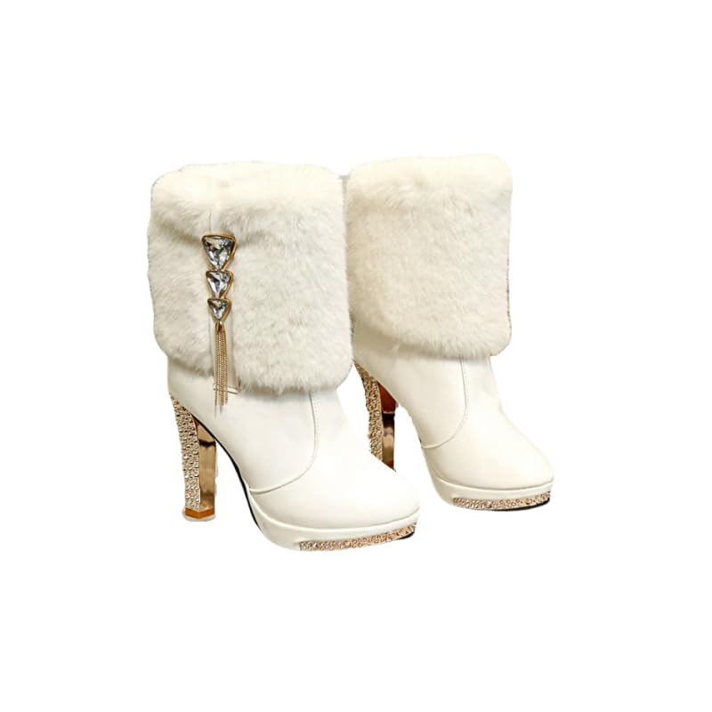 Womens Ankle Boots Platform Boots Side Zip Chunky Heel Booties With Fur Round Toe Leather Winter Boots For