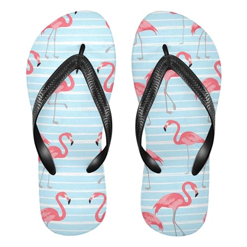 Burbuja Flamingo on Blue Stripes Flip Flops for Women Men, Soft Thong Sandals Rubber Slippers for Pool Beach Essentials