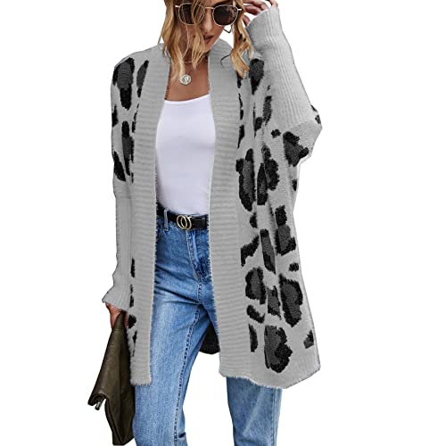 Image of Women's Long Sleeves Open Front Casual Leopard Print Fuzzy Knitted Sweater Cardigan Coat Outwear