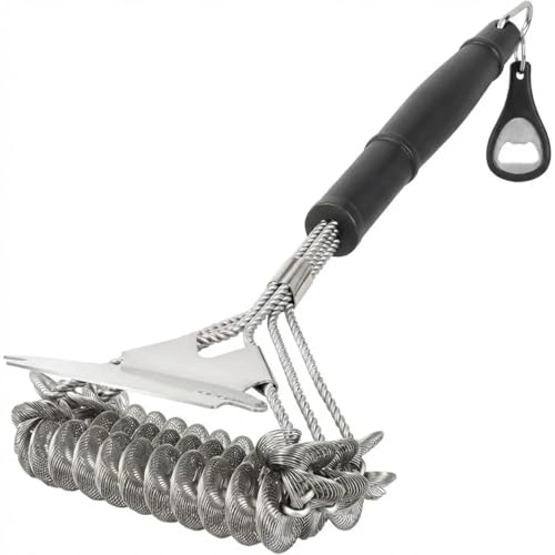 Bristle-Free Grill Brush with Scraper - Reinforced Coil Grill Cleaning Brush Long Handle Safe BBQ Cleaner for Gas and Charcoal Grates