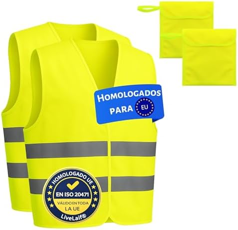 Pack 2 Chaleco Reflectante Homologado + 2 Bolsas | Certificados ISO, TallaUnica, Unisex | Chaleco Coche Homologado DGT | Chaleco Running, Chaleco Trab...