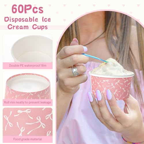 Image of Maxdot 60 Pcs 3 oz Paper Ice Cream Cup Disposable Dessert Western Cup Paper Yogurt Snack Bowl Bulk for Hot and Cold Food Ice Cream or Mousse for Birthday Valentine Party Supplies(Pink,Bow Knot)