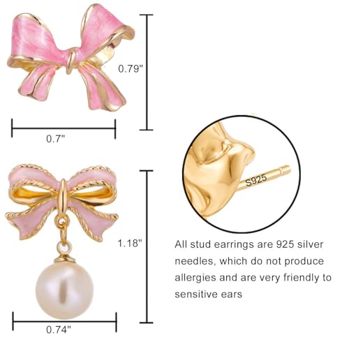 Gold Bow Earrings Pink Small Classic Bow Stud Earrings for Women Dainty Pearl Bow Dangle Earrings Hypoallergenic Gold Earrings Christmas Bow Earring for Women2