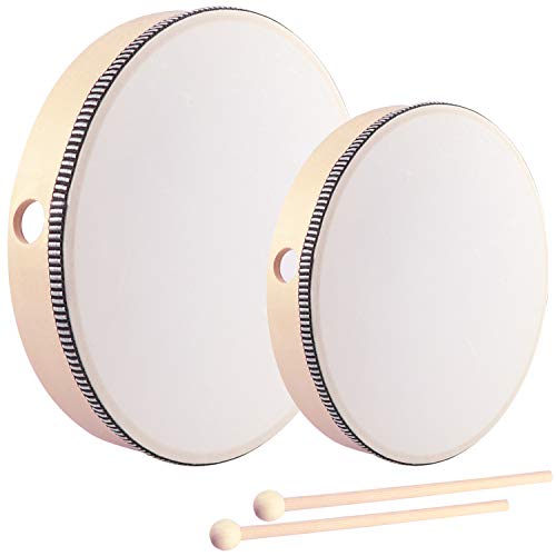 HiGift 2 Pack Hand Drums Kids Percussion Preschool Wood Frame Drum with Wooden Drum Beater-10 Inch & 8 Inch