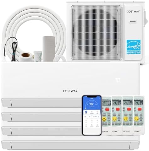 COSTWAY 30k Quad 4 Zone Mini Split Air Conditioner, 23 SEER2, 9k+9k+9k+18k BTU, 208-230V, Wifi Enabled Multi Zones Mini Split AC Heat Pump Full Set, Ductless Energy Star