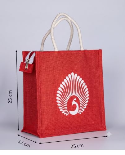 Image of Soman Jute Ecofriendly Return Gift Bags Peacock Printed Multicolor bags with Zip Pack of 10 Bags