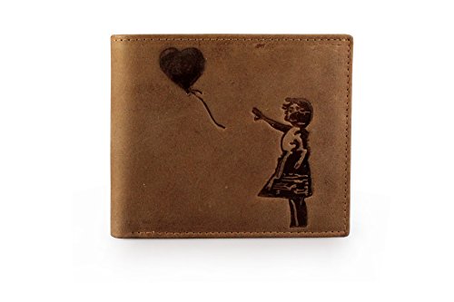 Cartera de piel auténtica de Corder London, con diseño de Banksy, «Niña con el globo», con frase en inglés «There is Always Hope» marrón claro Talla única