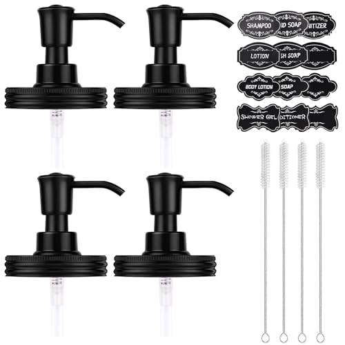 Watsango Plastic Soap Dispenser Set 1.2CC Rustproof Pump and Lids for Regular Mouth Mason Jars Quick Assemble Accessories for Farmhouse Kitchen Bathroom Counter Decor - 4 Pack Black