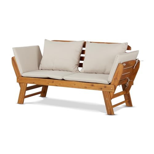 KHG Gartenbank Akazie geölt Daybed Sonnenliege Lounge-Set Gestell Braun klappbar abnehmbare Auflagen aus Polyester Hellgrau wetterfest 260 kg belastbar