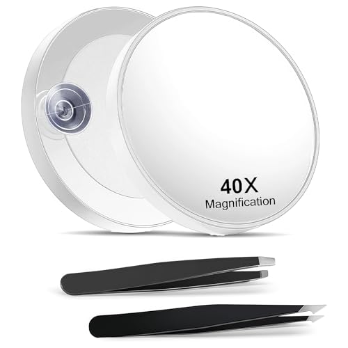 Cosmeria 40x Vergrößerungsspiegel – 8.8cm Weißer Makeup-Spiegel mit 2 Präzisions-Pinzette, Ideal für Make-up und Haarentfernung