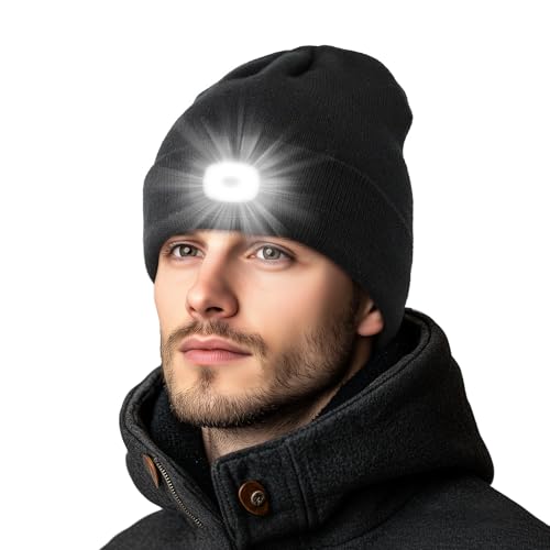 Unisex Beanie Hat with LED Light, USB Rechargeable Headlamp Caps, Windproof Warm Knit hat for Adults, 3 Brightness Modes for Fishing, Camping, Hiking