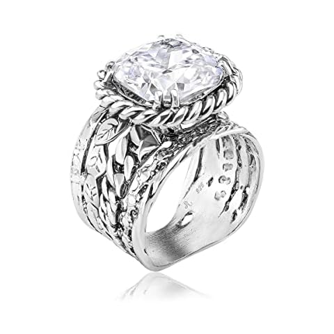 JEAN RACHEL JEWELRY 925 Sterling Silver Ring with Cushion Cubic Zirconia - Braid Leaf Vintage Design - Hypoallergenic, Nickel & Lead-free - Artisan Handcrafted Designer Collection (Size 5-11) - White Cover