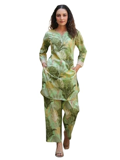 NAINVISH Ethnic Co Ord Set | Casual Wear Pant Top Set | Fancy Co-Ord Set | Full Pair Set | Women Kurta Sets Kurtis | Women Kurta Pant Set | Coord Sets for Women | Green Top Pant…