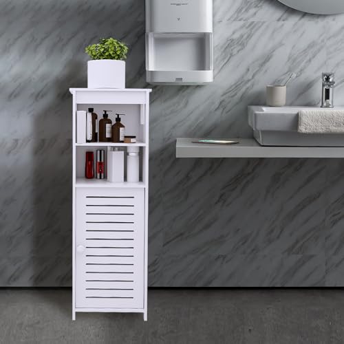 Belfoyer Meuble Toilette Rangement 4 Niveaux(2 Etageres Ouvertes 1 Porte Rayee Horizontale 2 Niveaux Caches) pour Cuisine WC Entree Bois Plastique Composite Impermeable sans Outil Blanc 22x20x75cm