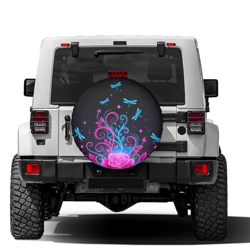 Image of Abstract Sparkle Dragonfly Roses Spare Tire Cover 17 inch Waterproof Dust-Proof Universal Spare Wheel Tires Covers Fit for Jeep,Trailers, RV, SUV,Many Vehicle Diameter 31 inch-33 inch