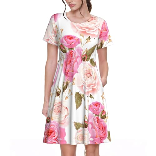 Robe de plage fleurie rose pour femme avec manches courtes et col rond