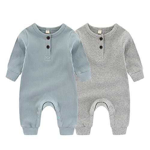 Image of ZAV Solid Unisex Baby Boy Girl Rompers 2 Pack Long Sleeve Jumpsuits Infants Clothes Outfits