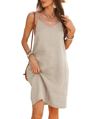 vinglam Women's 100% Linen Dress Spaghetti Strap Adjustable Strap V