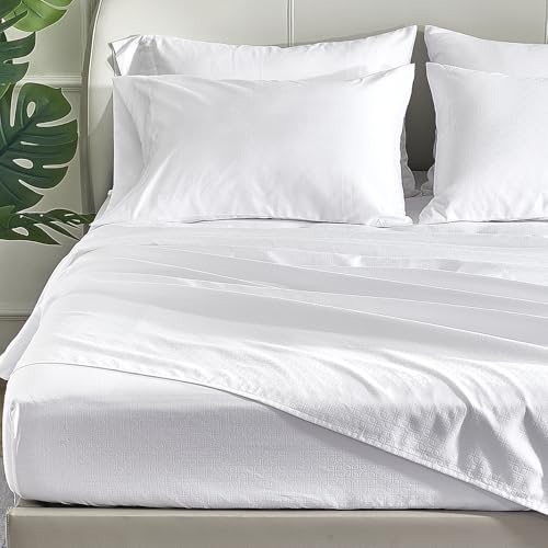 SLEEP ZONE Four-Leaf Clover Soft Brushed Microfiber，4-Piece Floral Embossed Sheet Set for Women Men，Deep Pockets, Easy-Fit, Extra Soft & Wrinkle Free Sheets (White, Queen