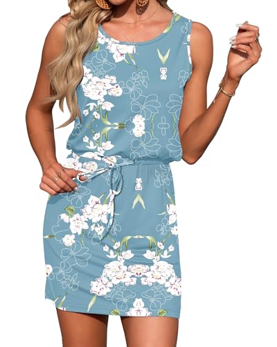 Image of AUSELILY Womens Summer Dress Casual Sleeveless Drawstring Short Dresses | Adjustable drawstring waist for a custom fit, plus 2 side pockets-perfect beach-to-street sundress