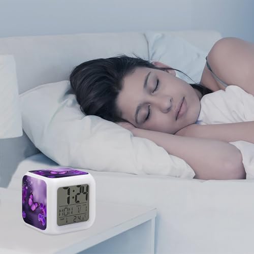 Réveil numérique papillon violet avec LED 7 couleurs et température