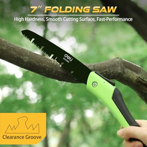 Image of Deli DL6006 7 inch Folding Saw with 170mm Steel Blade ABS Handle 3-Sided Grinding Teeth Secure Lock Handsaw for Pruning Gardening Camping Wood Cutting Tree Branch (Pack of 1, Green Black)