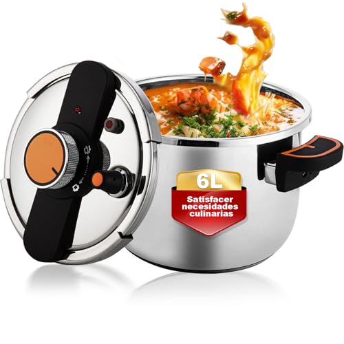 Consejos para Comprar Olla express tefal los 5 mejores. 48 FAGHTO Olla de Presión 6L, Acero Inoxidable 304, Bloqueo con Una Sola Mano, Triple Válvula de Seguridad, Apto para Inducción y Estufa