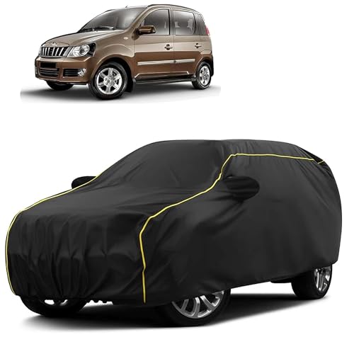 Image of Sulfar 100% Water Resistant Car Body Cover Compatible with Mirror for Mahindra Quanto (Triple Stitched, Full Bottom Elastic, Black Taffeta with Yellow Piping)