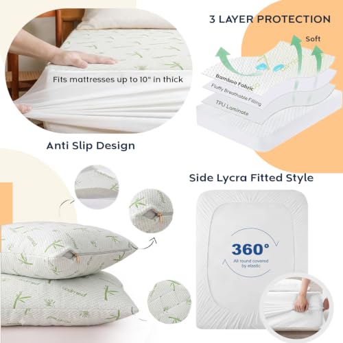 Image of AYKA Combo Pack Waterproof Mattress Protector & 2 Pillow Protectors | King Size 78x72 Inch | 100% Waterproof Bamboo Bed Protector | Breathable, Noiseless Mattress & Pillow Covers | 6.5 x 6 ft | White