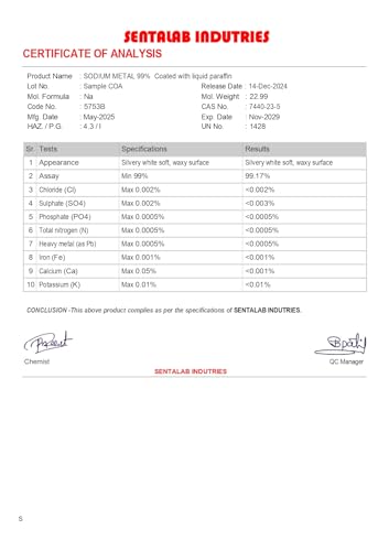 Image of (SENTALAB) Sodium Metal 99% Purity 100gm, (Coated with Liquid Paraffin) CAS NO 7440-23-5