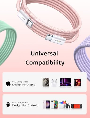 LISEN USB C Cable, 3-Pack [3.3/3.3/3.3FT] USBC to USBC Cable for iPhone 16e 15 Pro Max Charger Cord, 60W (3.1A) C to C Cable Fast Charging for Samsung S25/S24/23, Switch 2, iPad, MacBook - 5