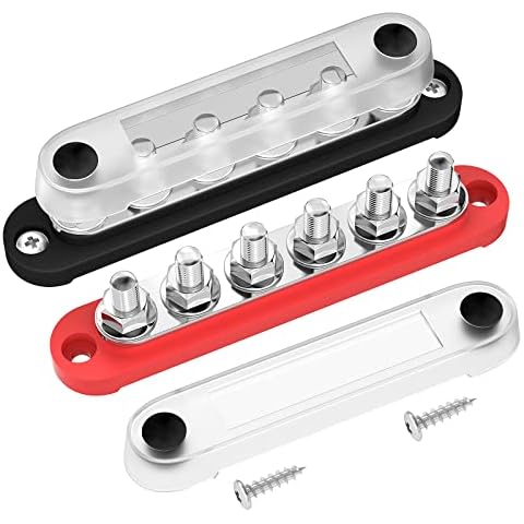 DAIERTEK 12V Bus Bar 6 x 5/16" (M8) Terminal Studs 12 Volt Power Distribution Block with Cover Battery Bus Bar 12V - 48V Positive & Negative for Automotive Car Boat Solar System Cover