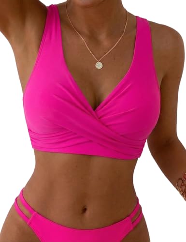 Hilor Plus Size Underwire Bikini Top for Women Push Up Supportive Swim Top Hot Pink Sexy V Neck Swim Tops 16-18