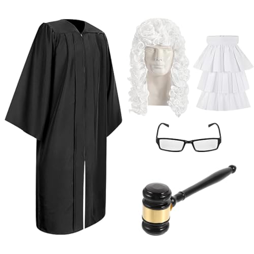 stablerice 5 Pcs Judge Costume Accessory with Judge Robe False Collar and Judge Wooden Gavel Wig and Glasses for Adult Halloween Cosplay RBG Wig Set