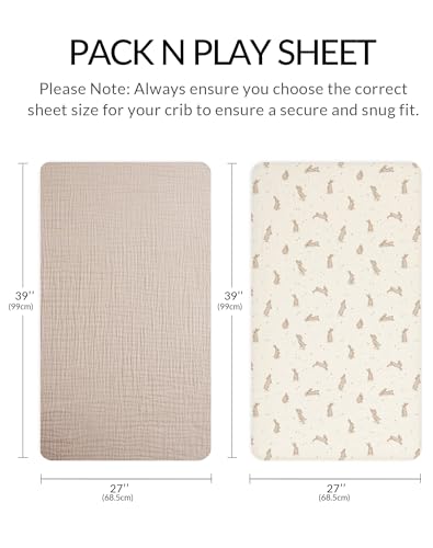 Image of Pack and Play Sheets for Baby Boy and Girl 2 Pack, Neutral Muslin Cotton Pack N Play Mattresses Sheet 27 inchx39 inch, Muslin Nursery Bedding Soft and Breathable Comfort (Hopping Bunnies & Beige)