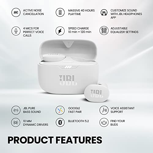 Image of JBL Tune 130NC in Ear Wireless TWS Earbuds with Mic, ANC Earbuds(Upto 40Db), Customizable Bass with Headphones App, 40Hrs Playtime, Legendary Sound, 4 Mics for Clear Calls, Bluetooth 5.2 (White)