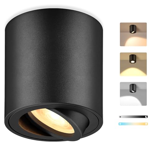 GeyouLux Focos Superficie, Ø80x84mm Focos de Techo Giratorio, incl. 5W Intercambiable Módulo LED, Foco LED Interior Techo Redonda de Aluminio, 3000K/4000K/6500K Foco Techo(Negro)