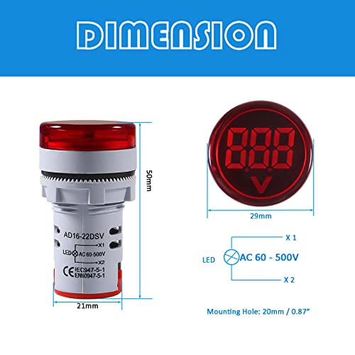 Image of 5pcs LED Voltage Meter Indicator AC 60-500V LED Voltmeter Signal Light Digital Display DC Voltage Meter Indicator Round Lamp Tester