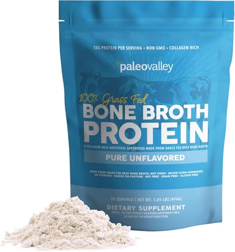 Paleovalley 100% Grass Fed Beef Bone Broth Protein Powder - Rich in Collagen Peptides for Hair, Skin, Gut Health, Bone and Joint Support - 15g Protein Per Serving - No Gluten or GMOs