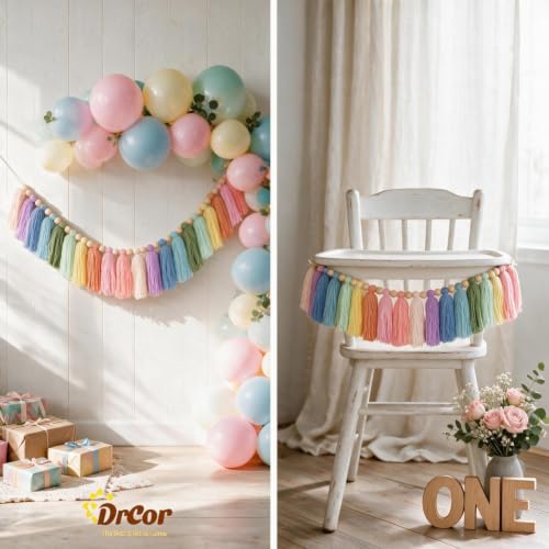 Image of DrCor Pastel Rainbow Tassel Garland - Colorful Boho Girls Bedroom Decor