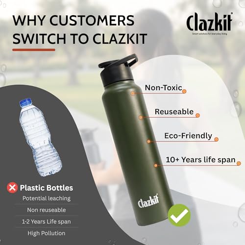 Image of Clazkit Alpha Sporty Stainless Steel Water Bottle Single Wall 1000ml Set of 4 | Lightweight, Leak-Proof, Reusable | Ideal for School Kid,Office, Gym & Travel | Green
