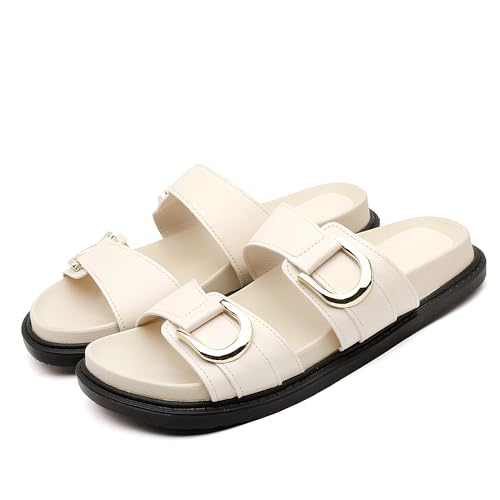 Image of LUNATECH Womens Flat Slide Sandals Summer Sandals Double Strap Adjustable Buckle Slip on Slides Shoes Flatform Walking Sandals (WAX, Adult, Women, 5, Numeric, UK Footwear Size System, Medium)