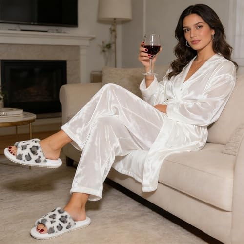 Image of GOEWY Women's Fuzzy Open-Toe House Slippers with Memory Foam - Leopard Print Cheetah Plush Cozy Cute Slipper Indoor /Outdoor Soft Slip On Slides Gifts for Women Mom Her Ladies